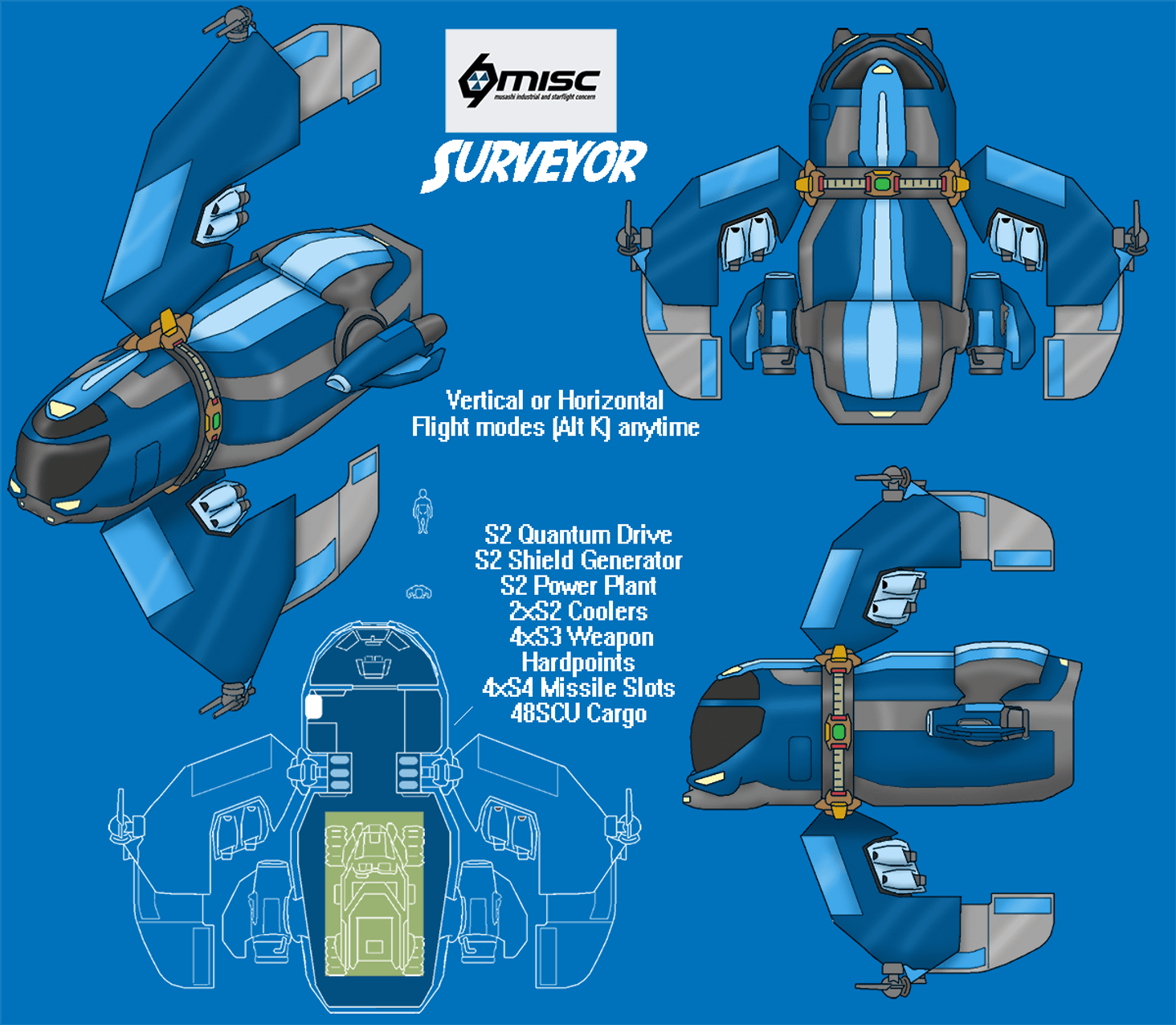 The first version, this ended up close to starter size but with a lot more to offer, so I thought I should beef it up a little to be more on par with the Cutlass Black / Nomad. It's built with Roc mining in mind, easy to maneuver, land and unload. 