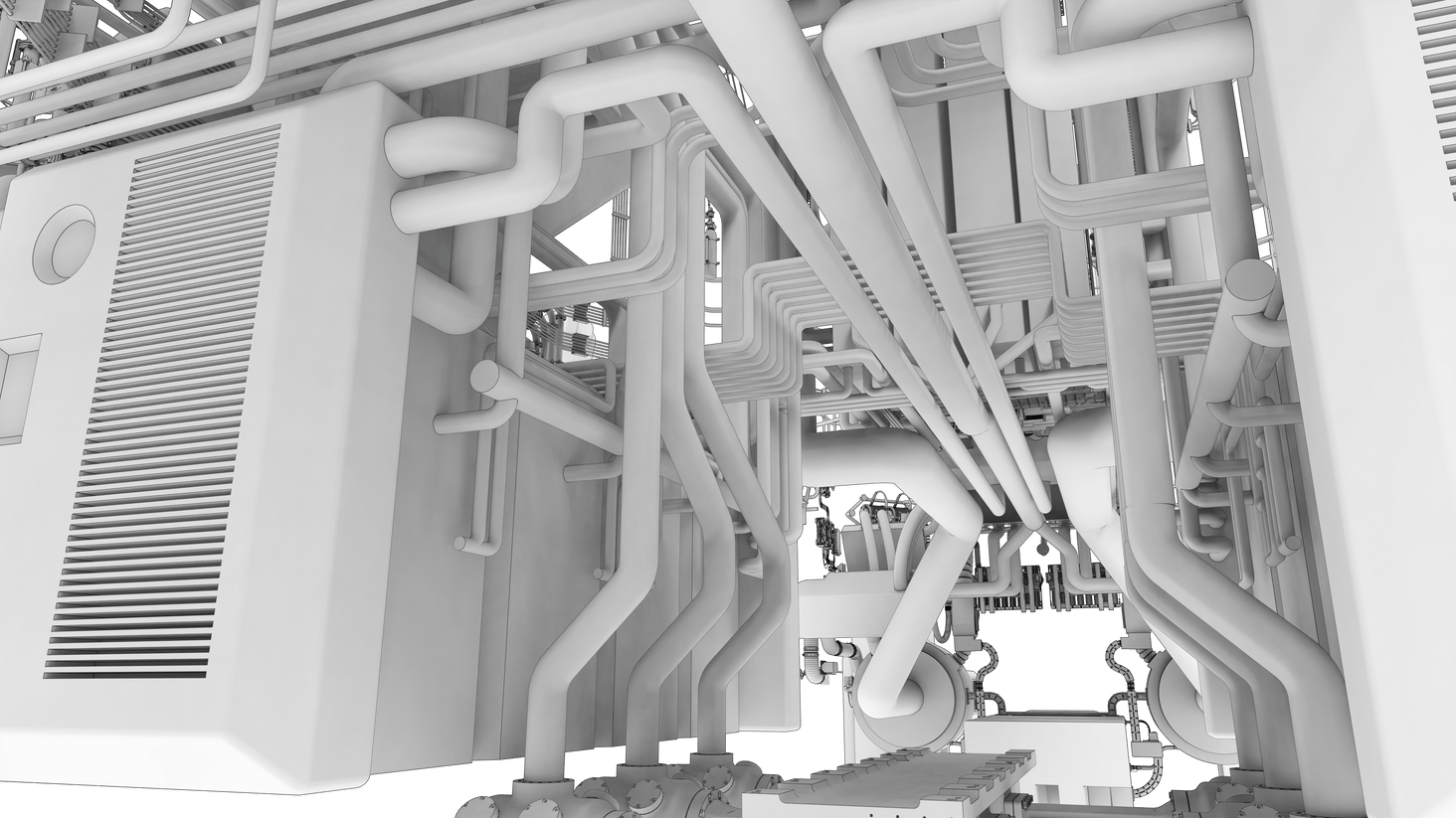 inside, view of the future corridor, with all the pipes