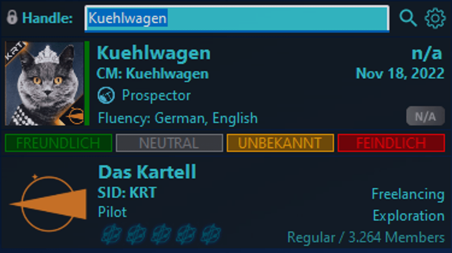 Hauptfenster - Kompakte Darstellung von Handle- und Organisation-Informationen mit der Möglichkeit, die Beziehung zum Spieler festzulegen und den Twitch.tv Livestream-Status zu ermitteln