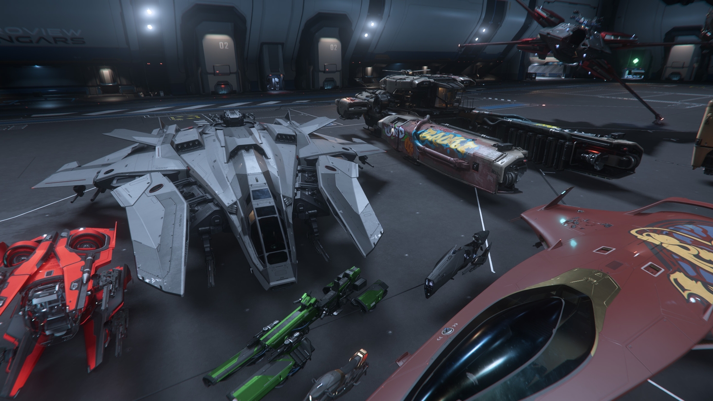 Seen in this photo: Origin 100i, Drake Vulture, Anvil F8C, Mirai Fury, Aopoa Nox, Drake Dragonfly, Mirai Pulse, RSI Scorpius