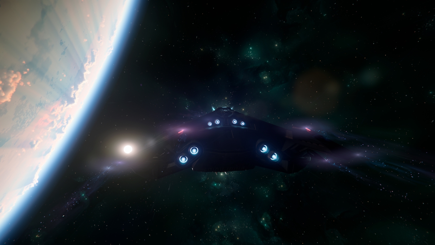 Bathed in starlight, the C2 Hercules powers away from the star, engines blazing, on another journey into the depths of space.