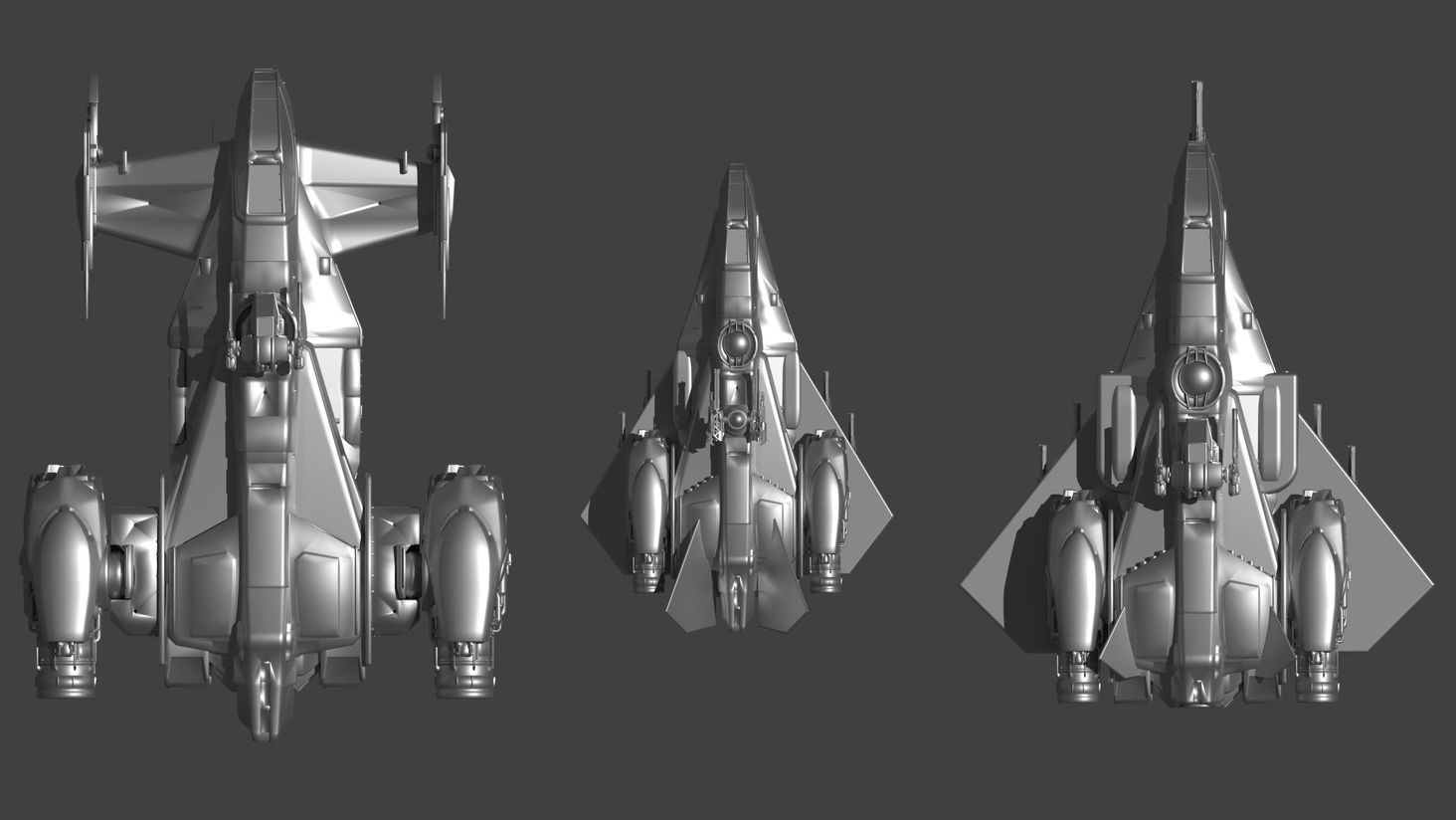 Top views (Left to right) - Cutlass, medium fighter, heavy fighter