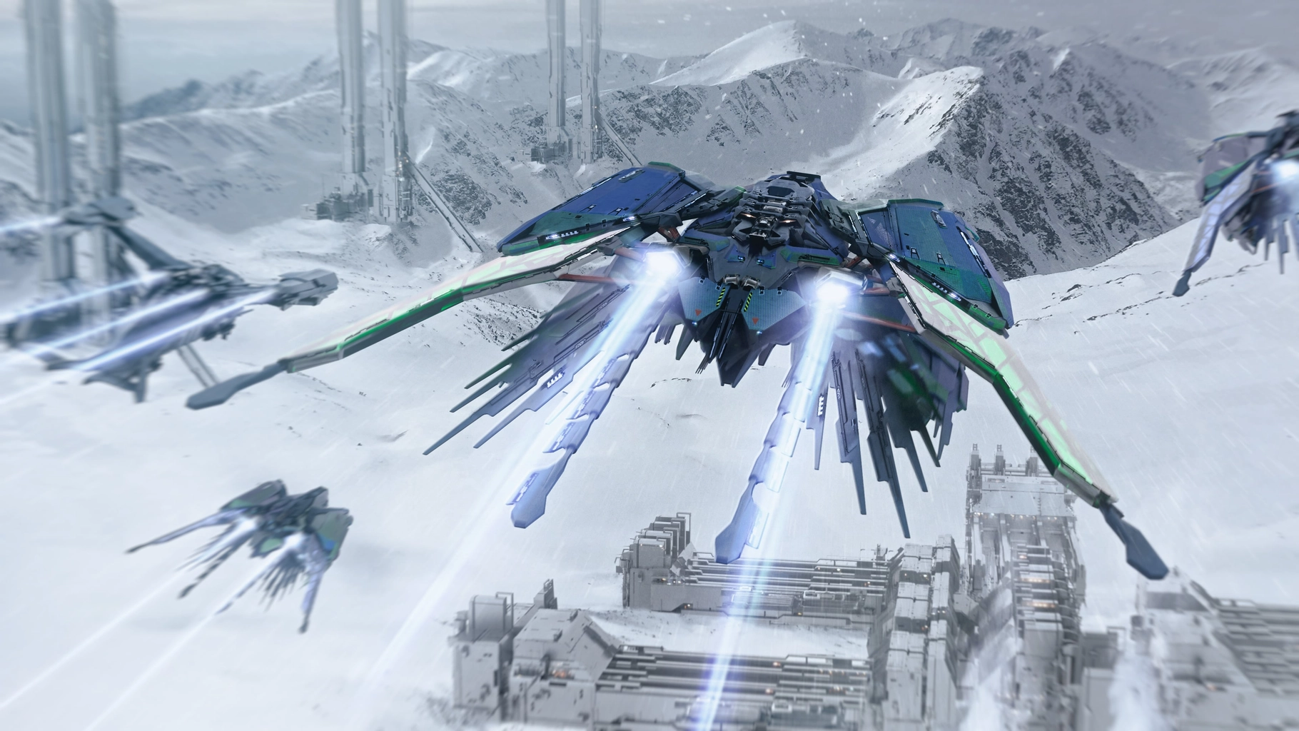 Esperia Talon flying above a snowy industrial landscape