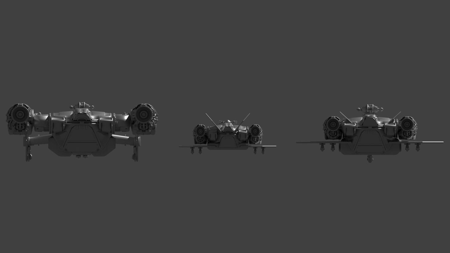 Rear views (Left to right) - Cutlass, medium fighter, heavy fighter 