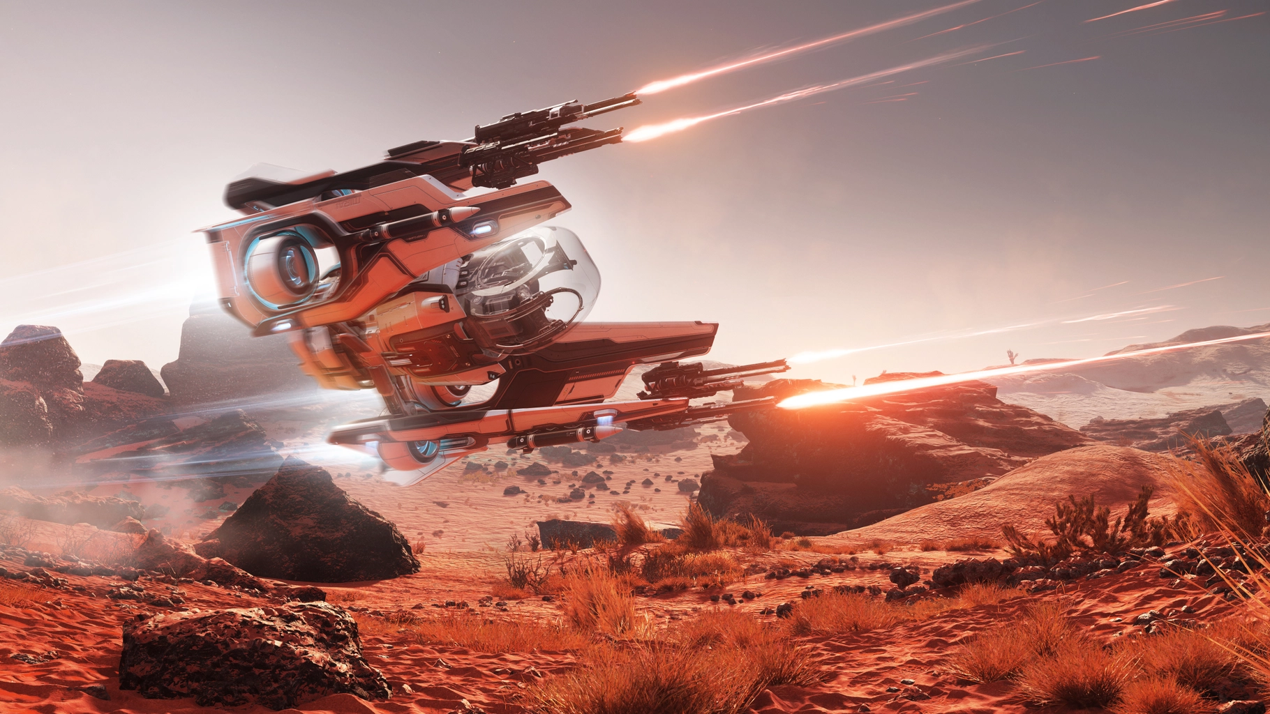 Mirai Fury firing its guns over a rocky landscape