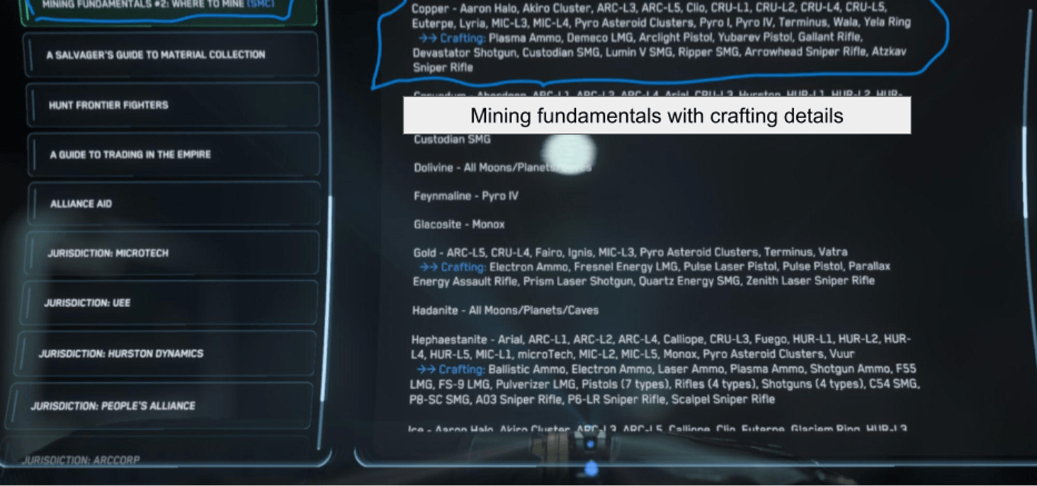 Crafting details added to the mining guide journal entry via enhancement generation