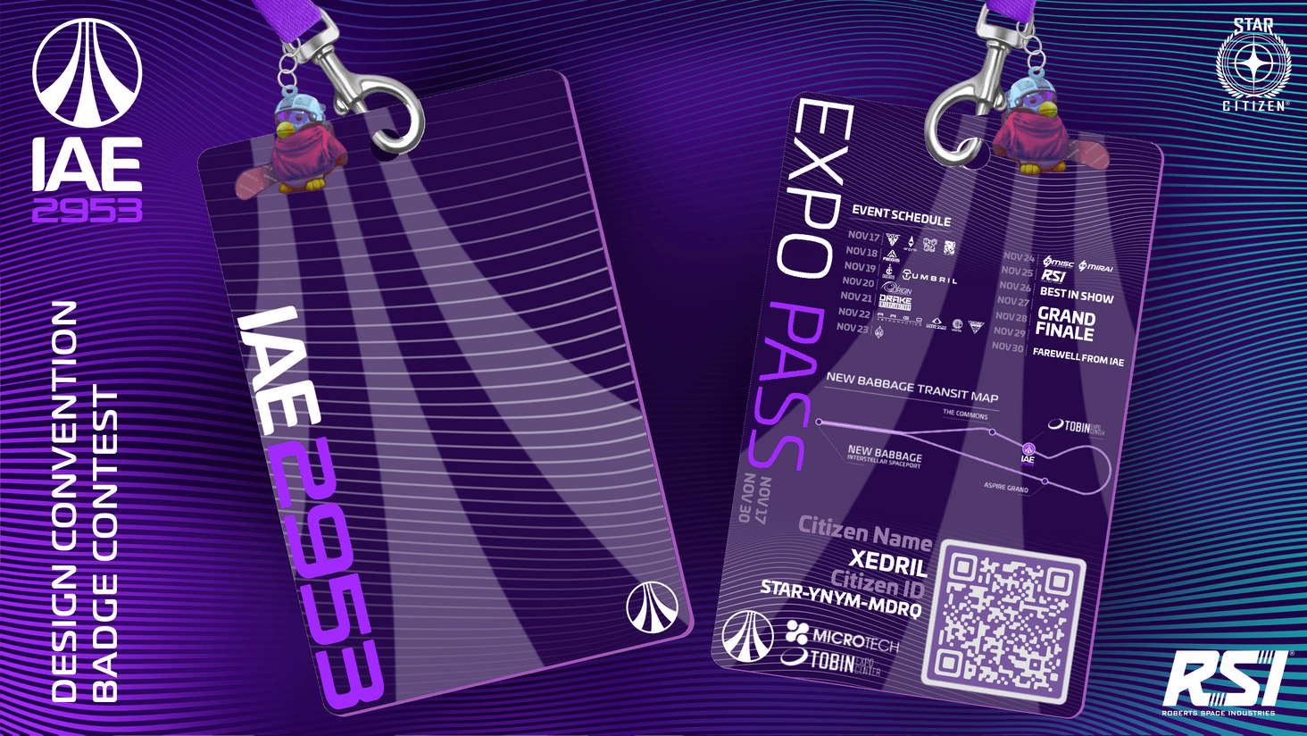 An IAE 2953 ‘Expo Pass.’
The QR code leads to the IAE landing page (but could be used as a unique pass/badge identifier)!

Made using Procreate.