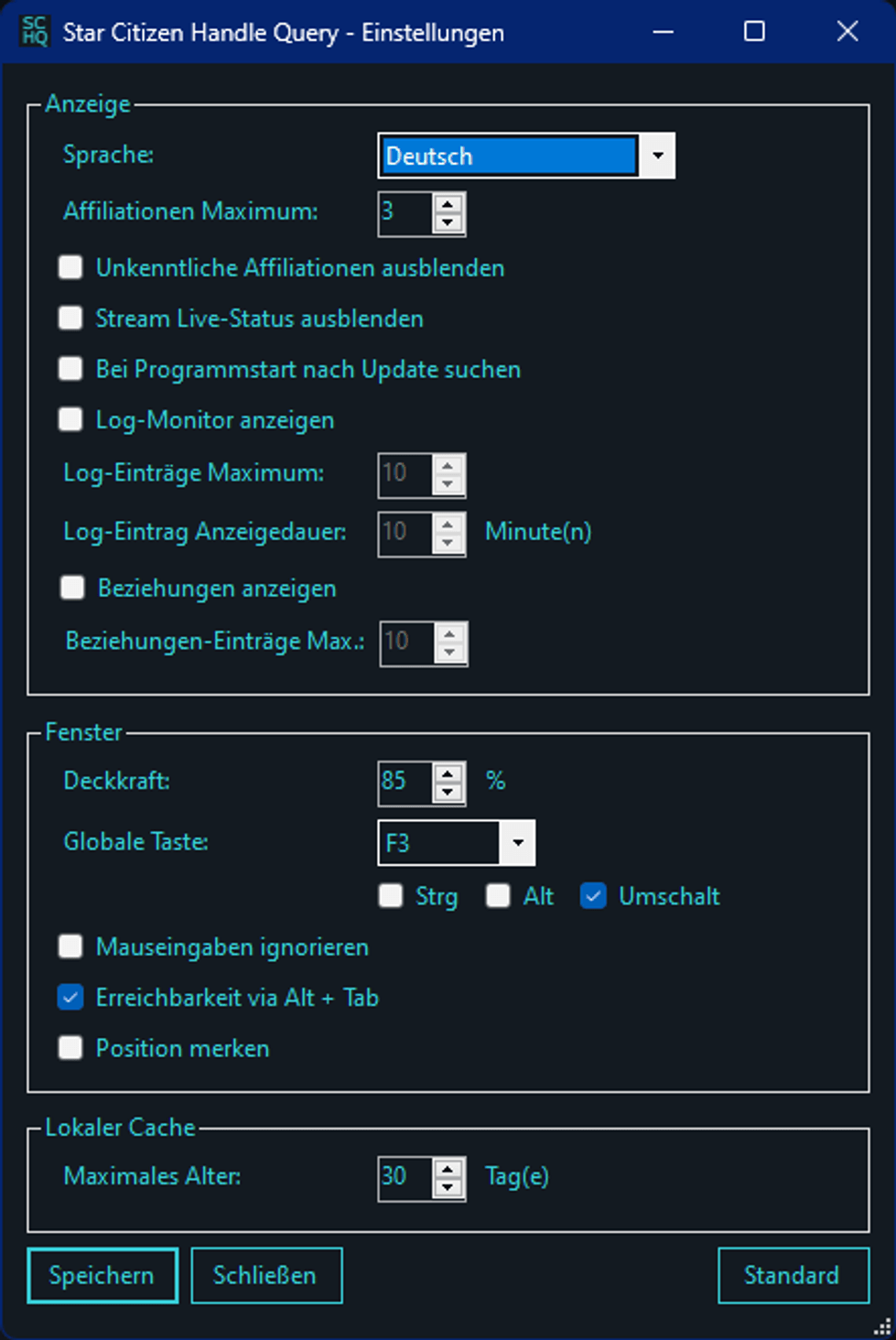 Einstellungen - Verschiedene Einstellungsmöglichkeiten, um das Tool an die eigenen Bedürfnisse anpassen zu können