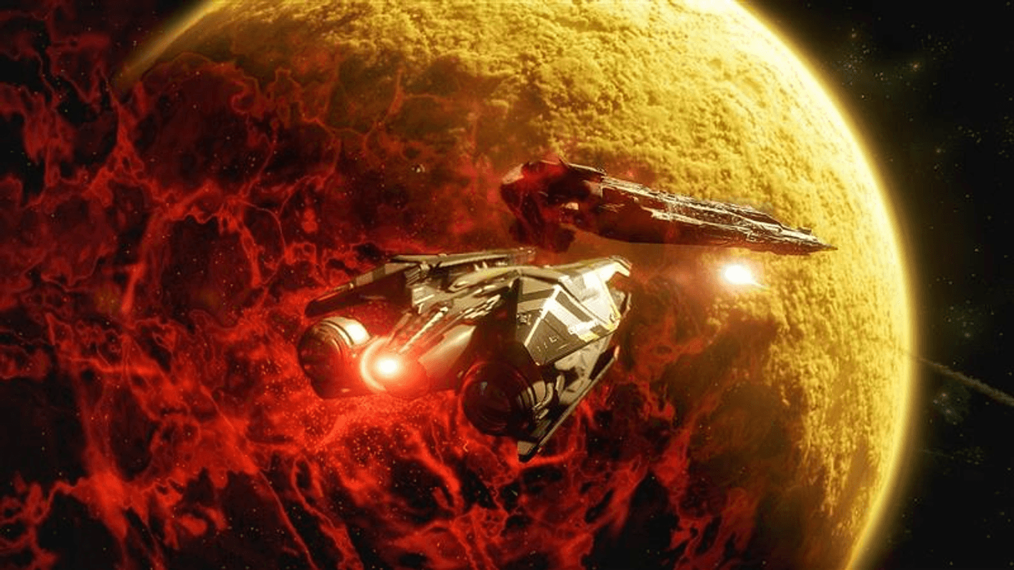 Enemy Polaris, trying to understand where it all went wrong against a group of small fighters.  Its captain sits in shock as his crew panic with the incoming missile.
