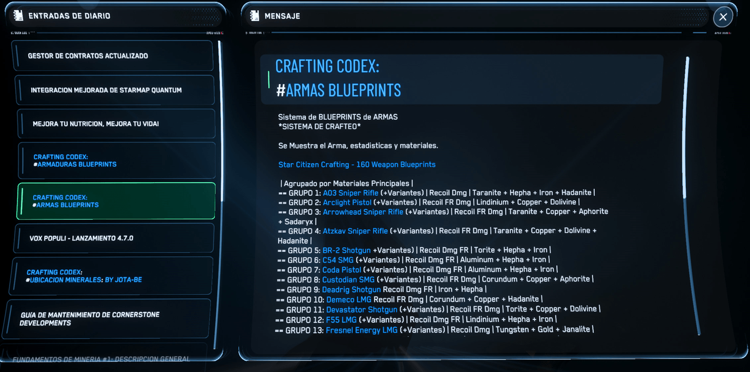CRAFTING CODEX – NEW (Journal) WEAPONS BluePrints Español