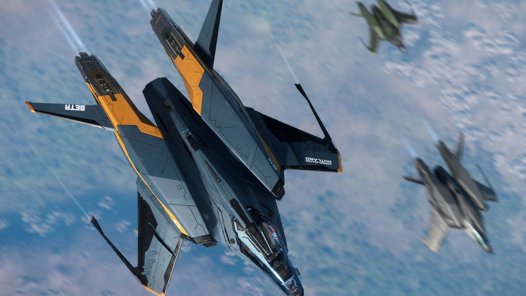 Mustang Beta spacecraft banking in flight