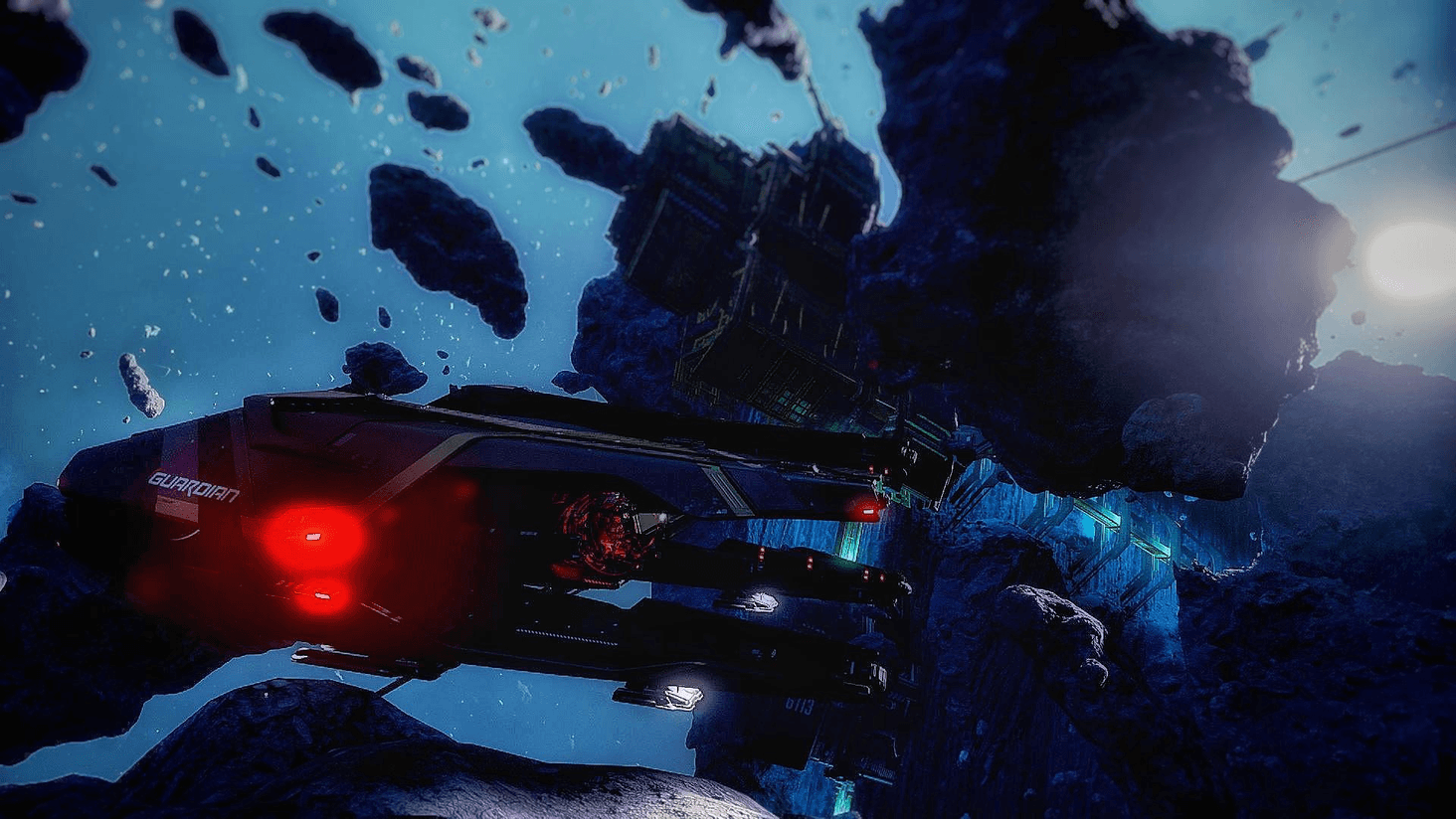 The Guardian QI hides among the debris of a mining outpost in space, laying in wait for its next victim.