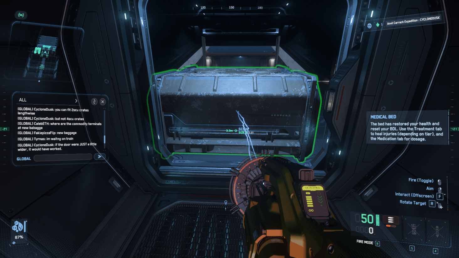 If you can't fit a 2 SCU width crate through the door, nothing above the size of a 2-SCU (1x1x2) can fit through (end-lengthwise). That means no 4-SCU, 8-SCU, or 16-SCU. Filling all 3x152-SCU cargo pods would require 228 crate moves, 2-SCU at a time.