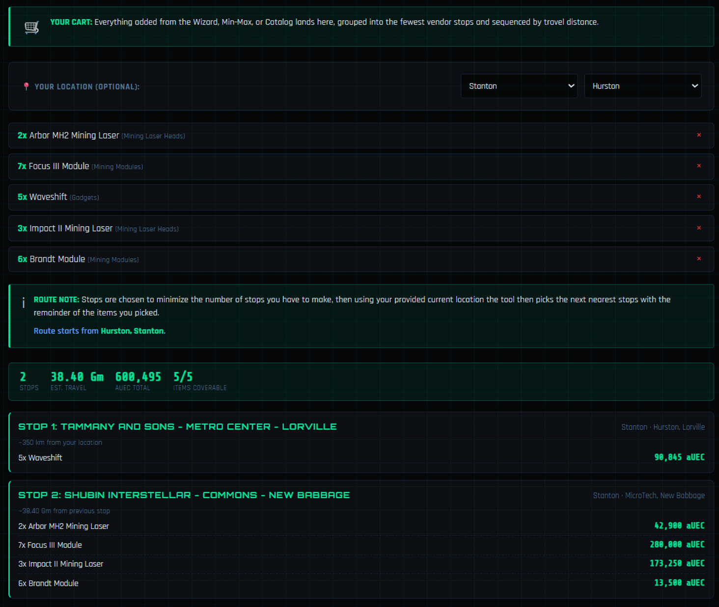 Smart Cart function allows you to pull a build from any of the ship loadout screens and then generate a list of the needed parts as well as provide the best locations near you to buy the needed items! 