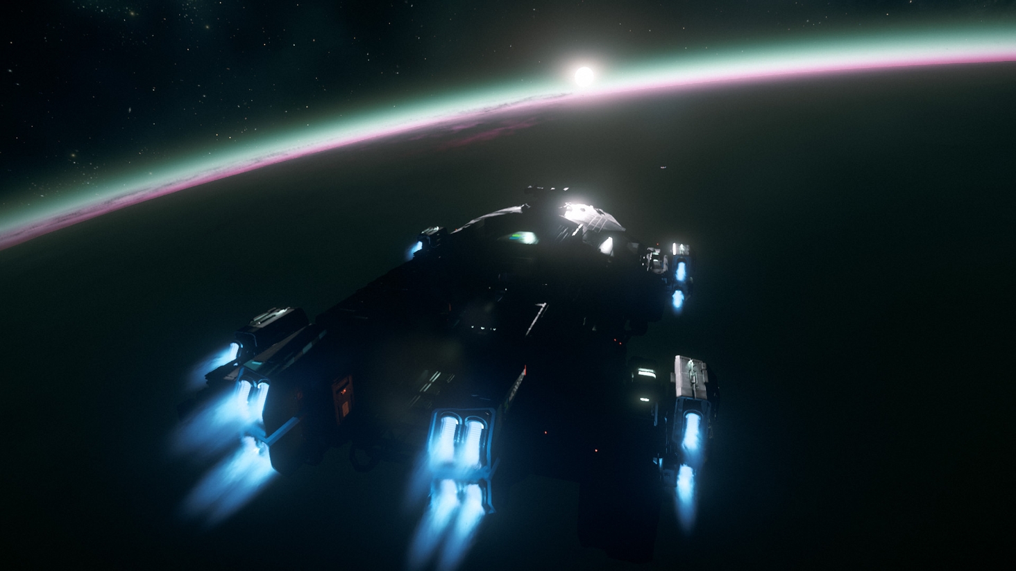 Over the pink and green horizon of a sunrise over Clio, a RAFT in silhouette rockets towards the surface.