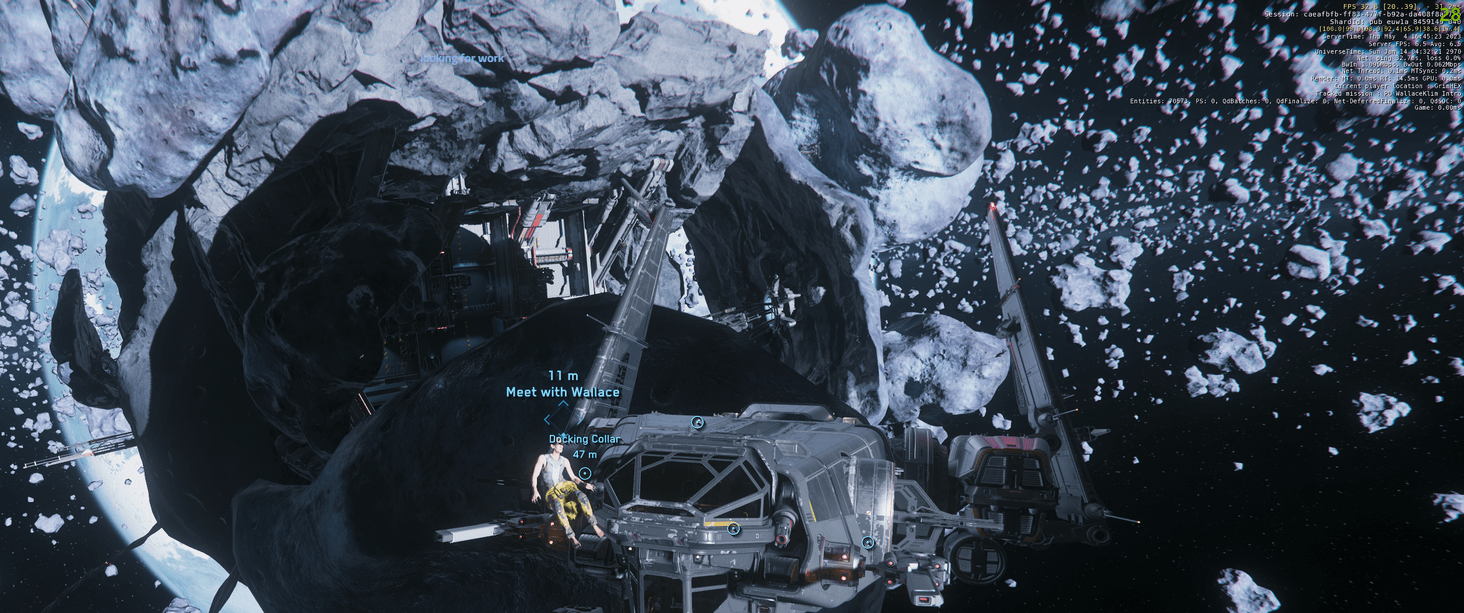 First i see Wallace Klim outside from Grim Hex in Space, in front of the Hangar.