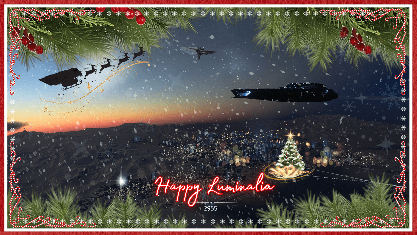 An 890 Jump leaving Microtech with a massive tree erected in the main city! Lights & snow, a Banu Merchantman filled with gifts, and a Drake Cutter being pulled as a sleigh with some weird alien quadrupedal creatures with horns! Much festivities!