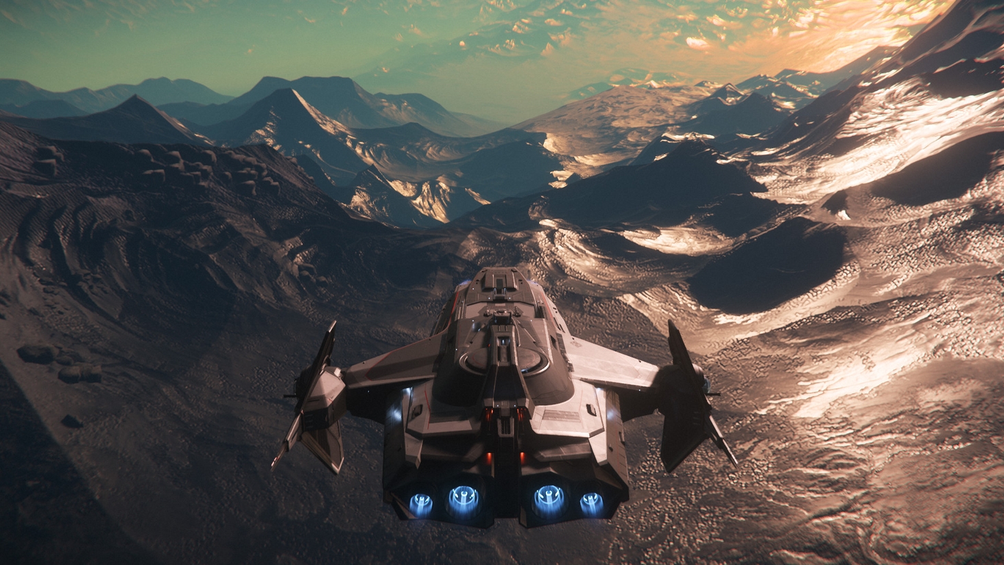 Behold, this stunning image of a Carrack flying through the massive Adir crater valley.