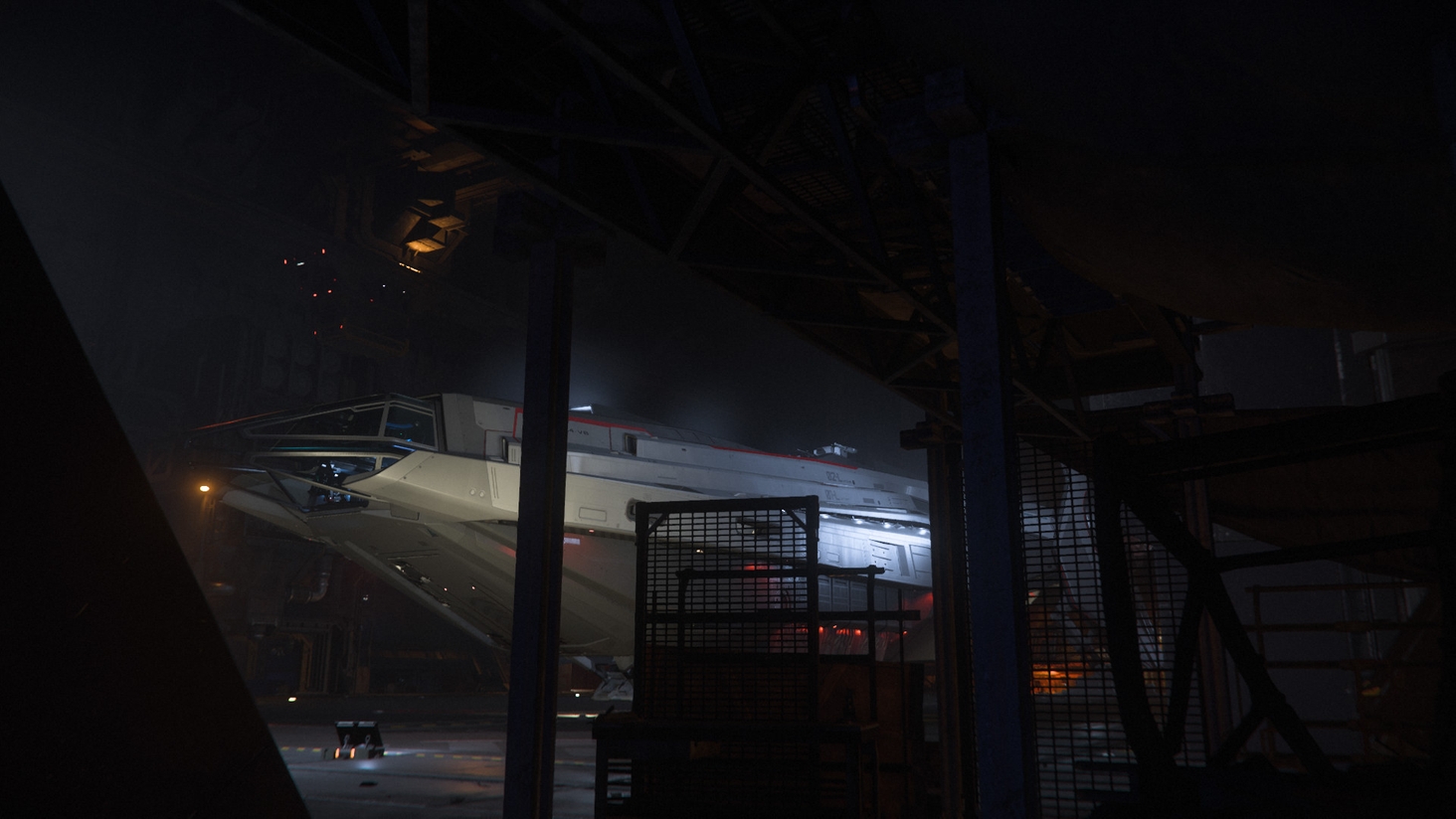 From behind the detrius of a derelict hangar, the Carrack-class explorer Quantum Ranger is visible through the darkness and haze.