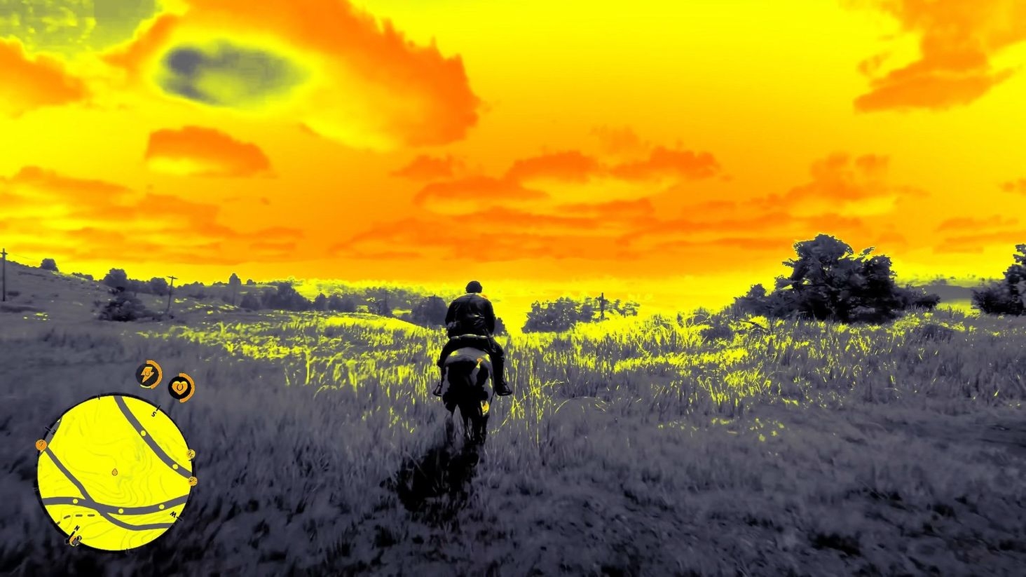 Screenshot of HDR Tonemapping where SDR luminance is represented in grayscale of the game Red Read Redemption 2. When you take a JXR screenshot, you get two files - a JXR containing all this 10 bit color+light data and a compressed PNG without (SDR).