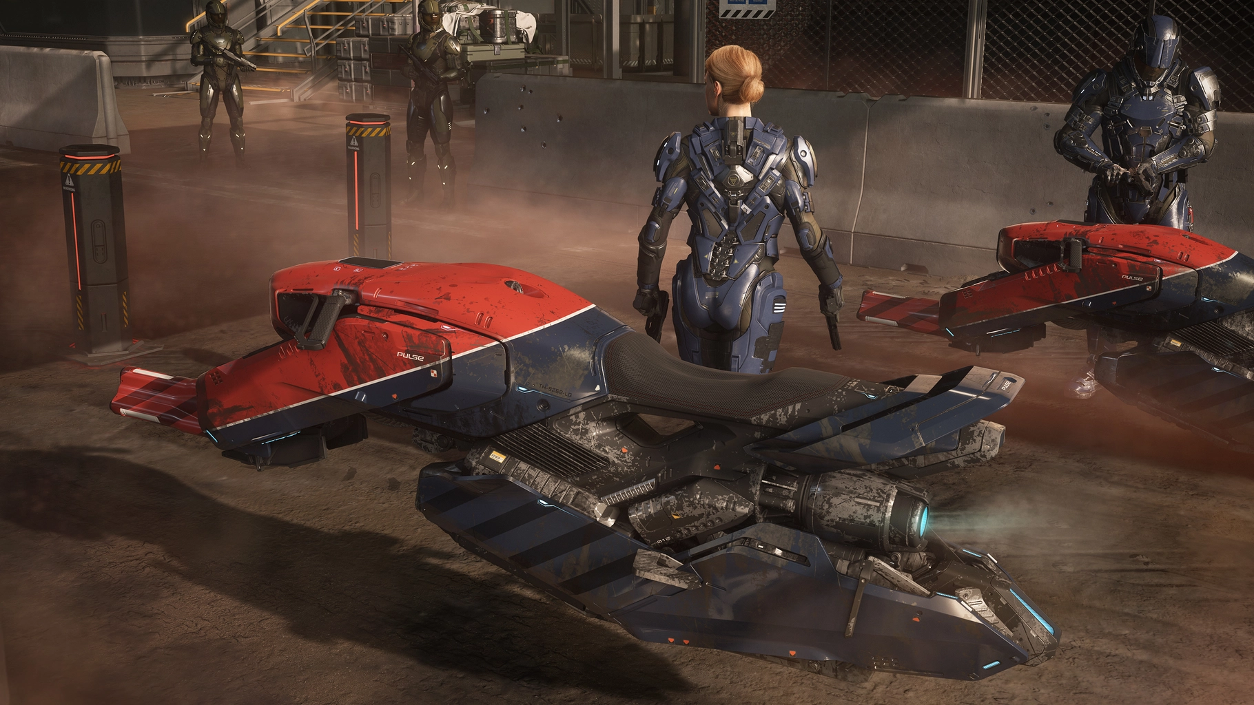 Two Mirai Pulse hoverbikes parked beside their riders