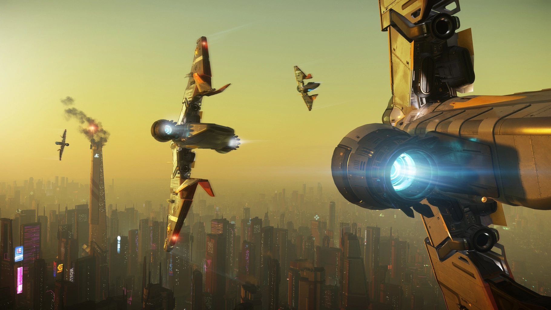 Reliant Mako in vertical flight above a city