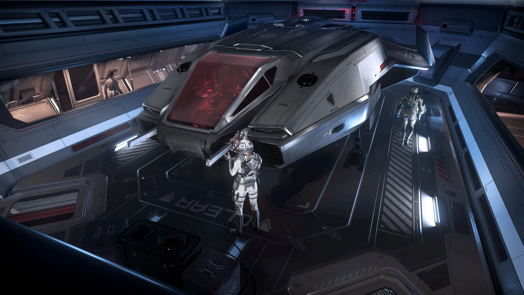Anvil Pisces parked in a Carrack hangar