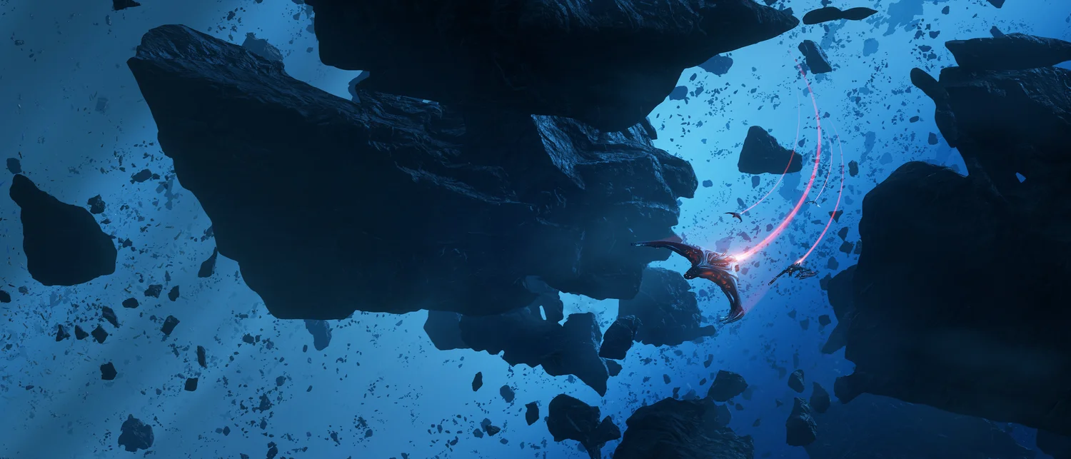 Vanduul fighters weaving through an asteroid field in official Star Citizen artwork