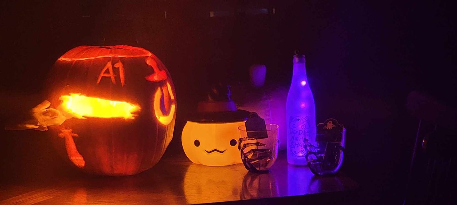 My wife's finest decorating and pumpkin gutting assist. (P.S. she loves the Pico penguin plush and wants one badly, please make more!)