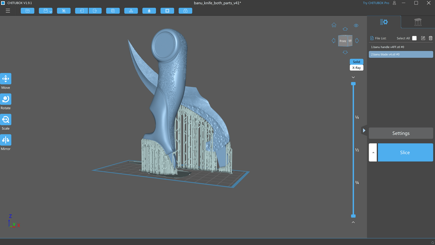 I printed the knife in 2 parts, this is just to show how I oriented and supported the parts for a resin printer to have the least possible amount of postprocessing to do.
