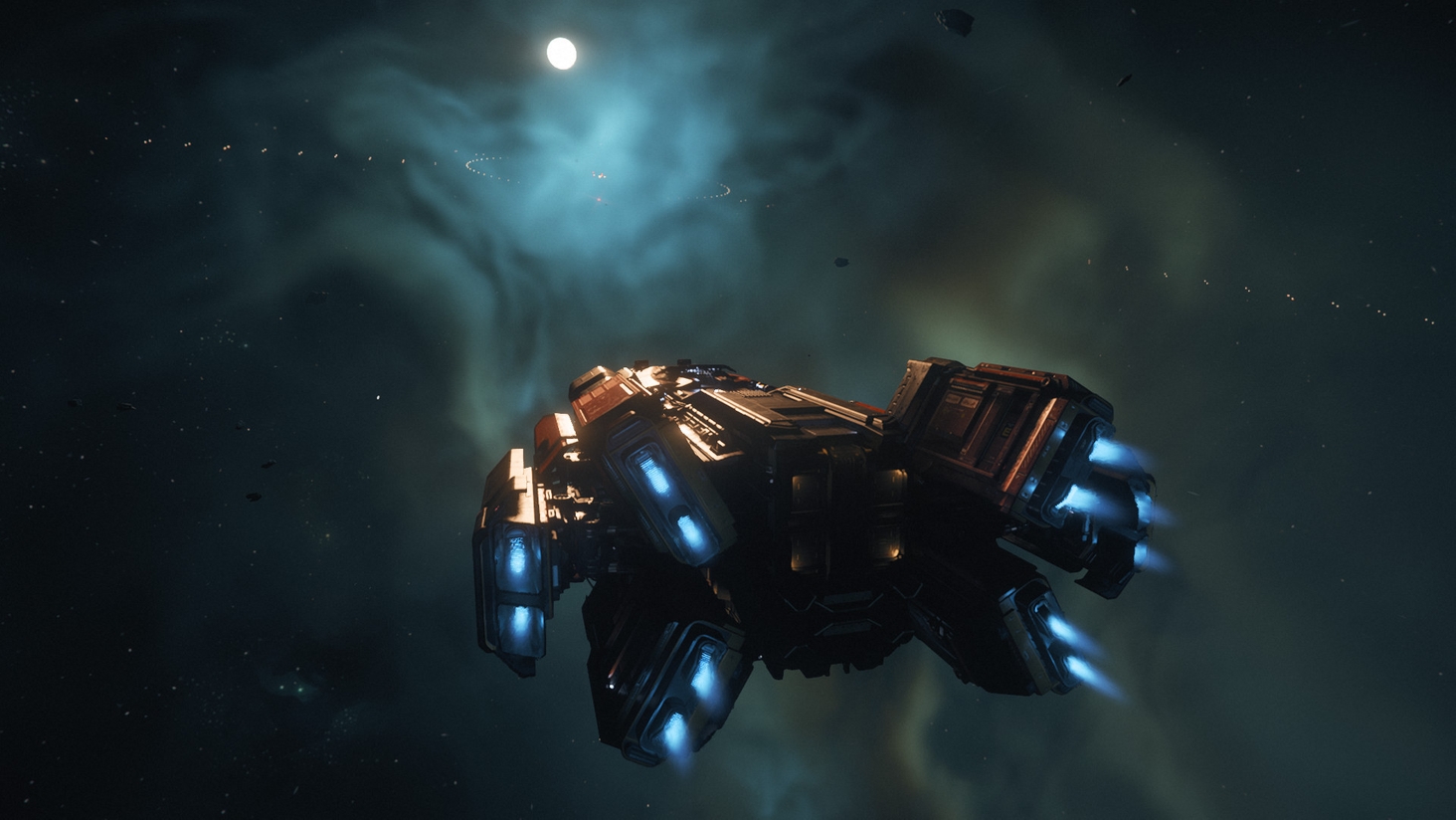 In one of the most beautiful Star Citizen screenshots I've taken, an Argo MOLE in bold, construction orange paint rockets towards a distant space station in a spectacular bluish lagrange point nebula on the outskirts of the Stanton System.