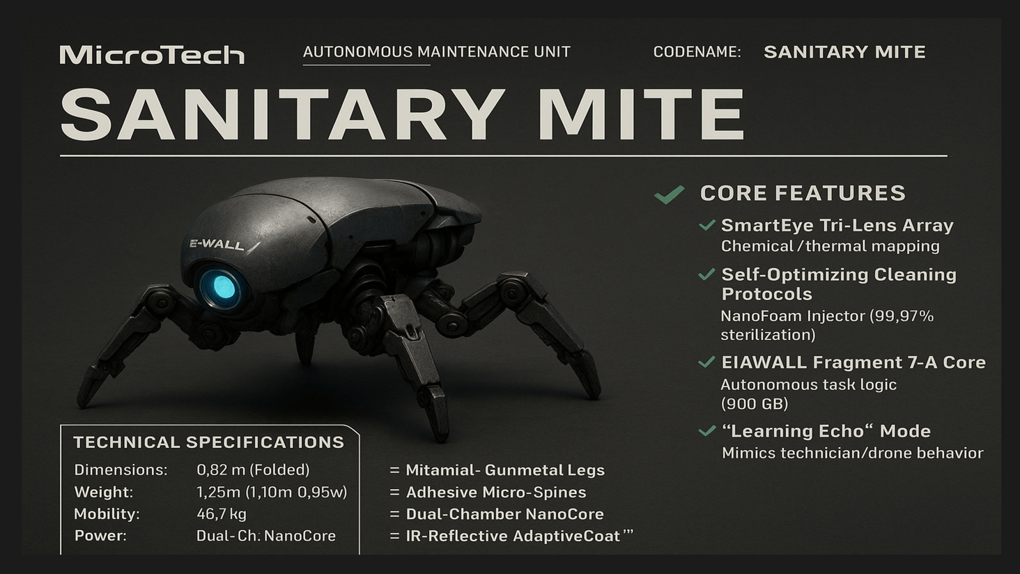 Dimensions, 0,45m (folded), 0,75m (operational)
Weight, 22,1kg
Locomotion, 4x rapid-deploy limbs
Power, Single-core NanoCore (12h runtime)
Function, Confined space infiltration (vent shafts, wiring ducts)