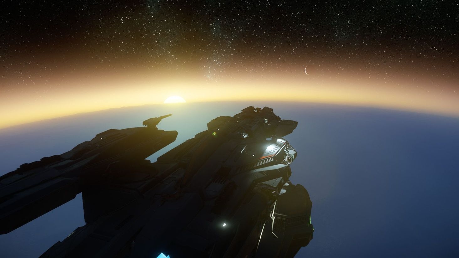 Rising of the star Stanton from the moon Magda. Opposite the Constellation Aquila, the planet Hurston appears faintly through the weak atmosphere of its moon.