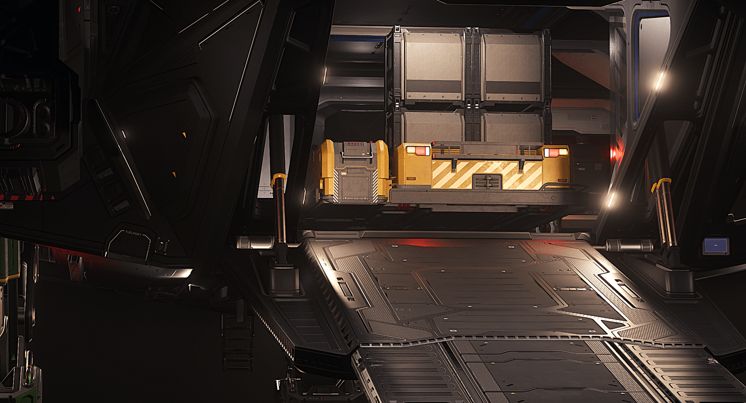 Using the grav-lev trolley found in a distribution center on Hurston to off-load a Zeus ES Mk.II