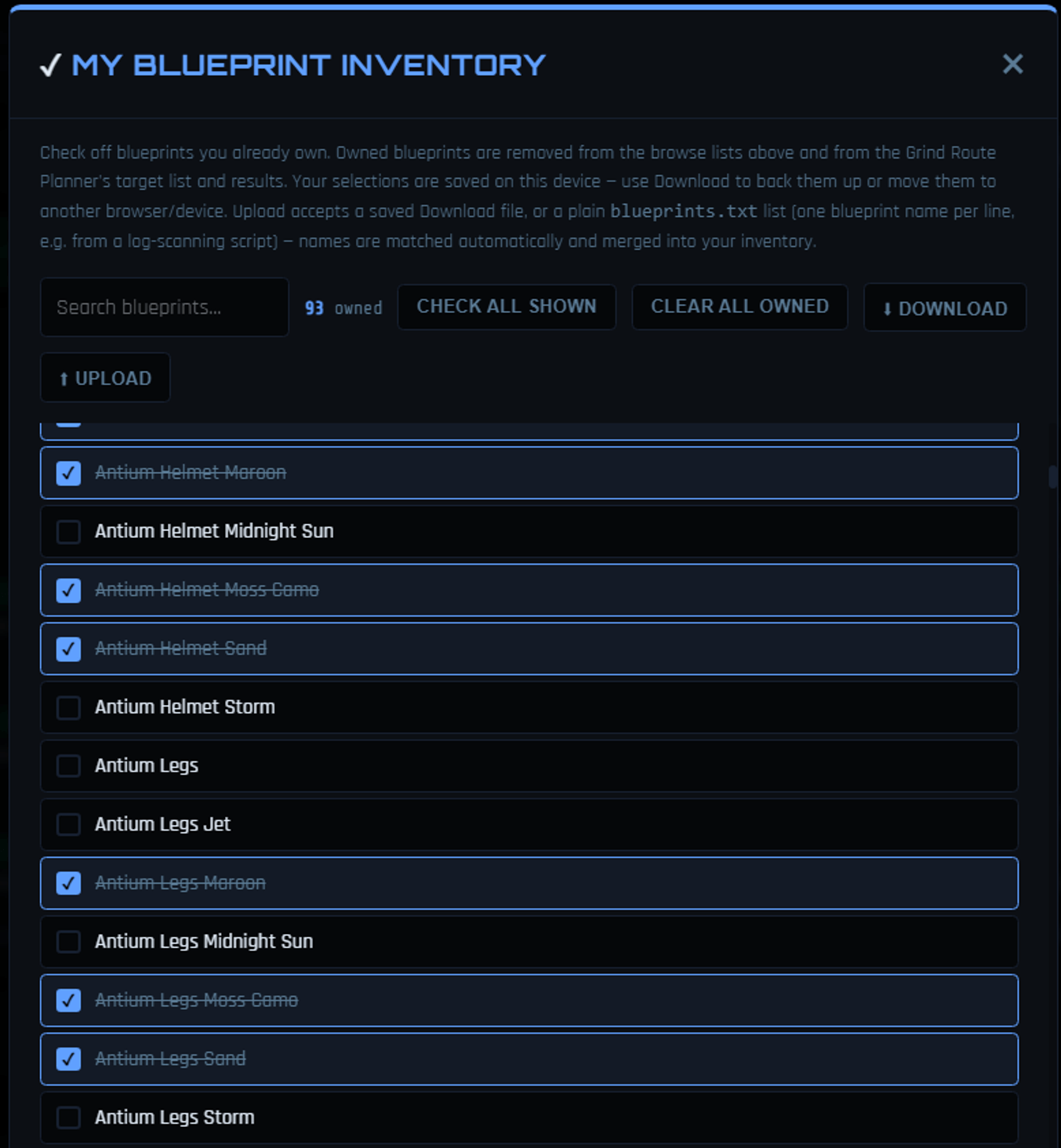 New Inventory functionality to remove already owned blueprints from the tool and its route planning! 