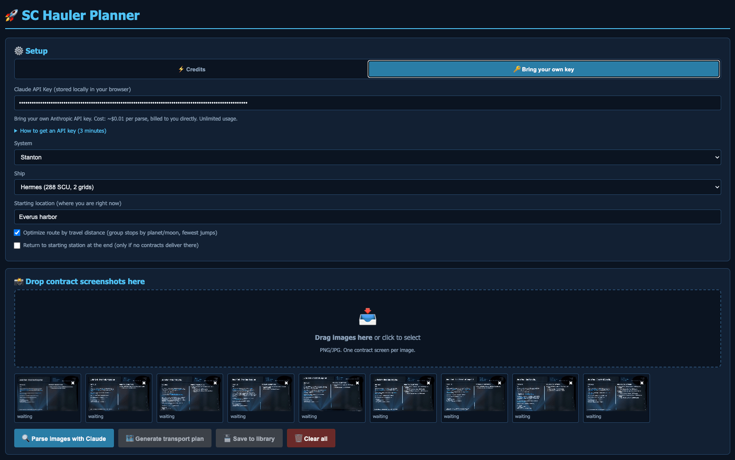 The generated plan: contract status, a distance-optimized route, and a station overview of what to pick up and drop at each stop.