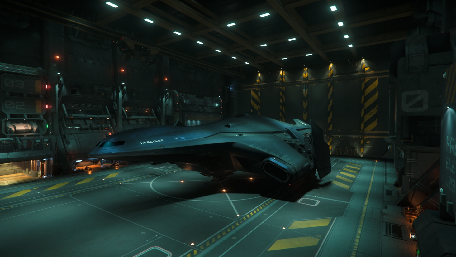 The C2 Hercules rests inside a vast hangar, its sleek Crusader design poised for the next mission — a silent giant ready to carry any cargo, anywhere.