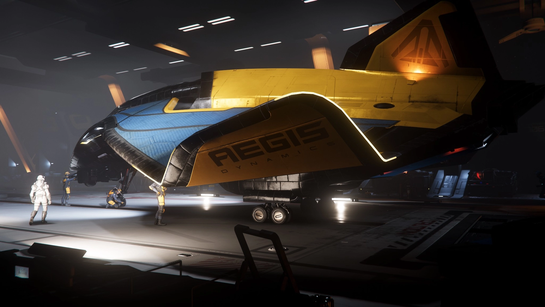 Blue and gold Avenger Titan Renegade in a hangar