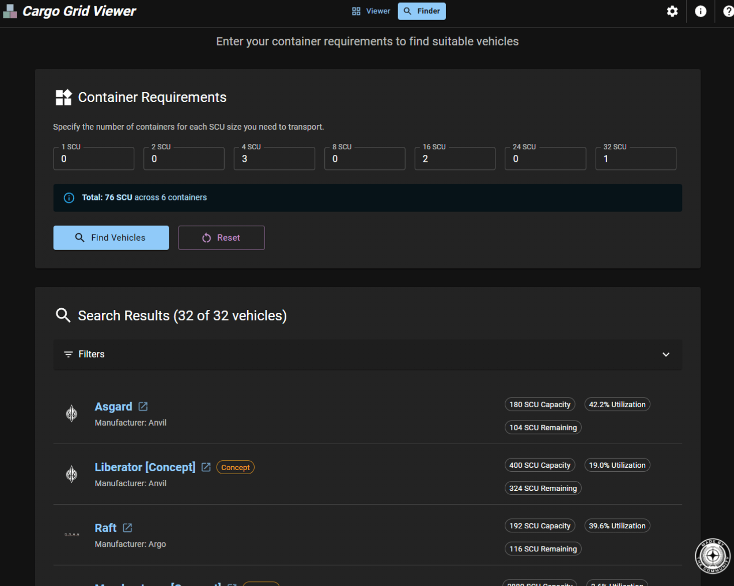 Use the Finder page to find a list of ships that can hold a specified set of containers.
