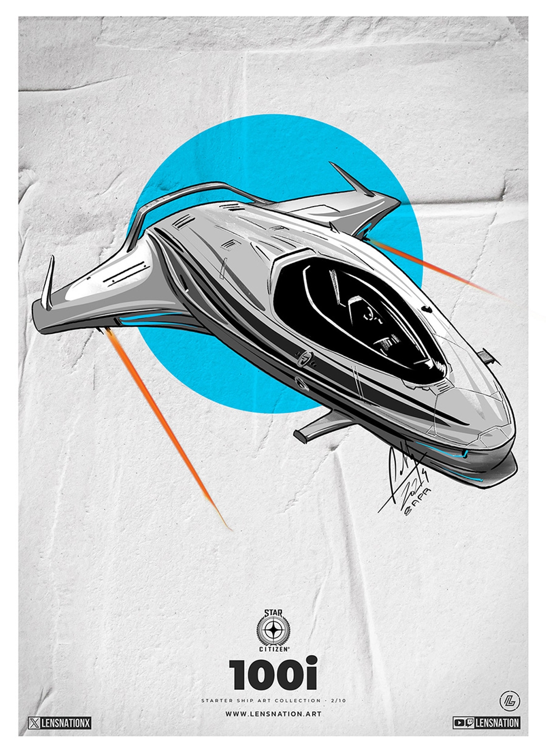 Origin 100i
One of the finest starter ships you can have due to its agility, speed and the fact that you park it anywhere you want with ease. Not that easy to draw as the ship has curves all across and to define them in the artwork was a bit hard. 