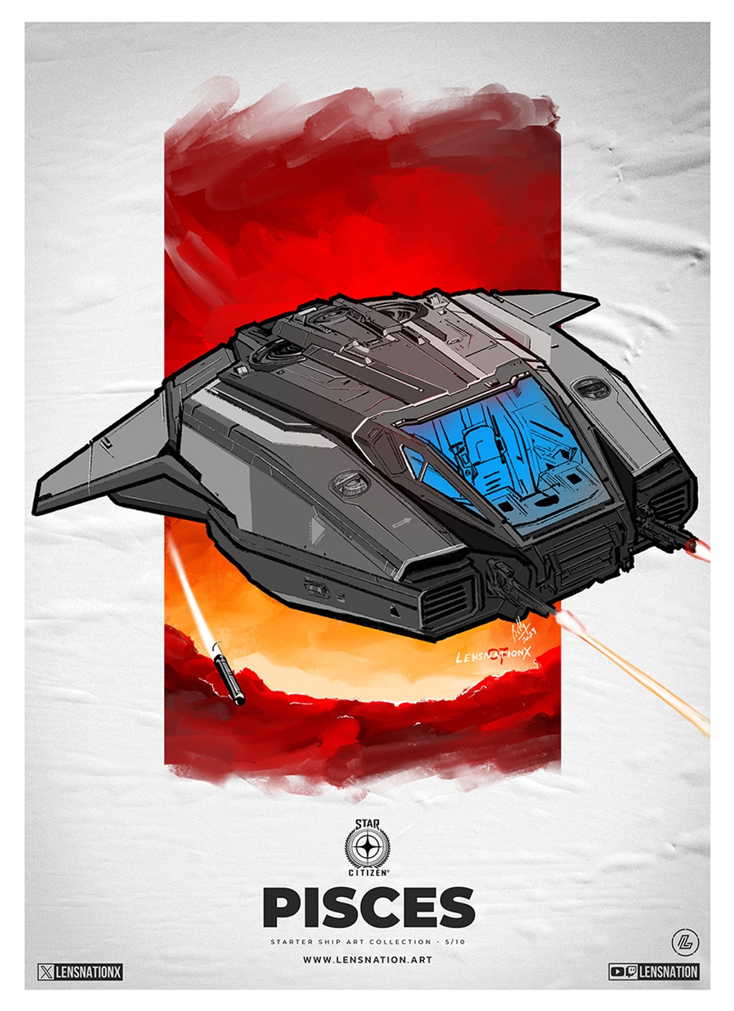 Anvil C8R Pisces
Very useful & used ship in Star Citizen, but it's the ship I've rarely used. I think I have flown it about 2-3 times at best. However, this artwork has come out to be one of my finest so far. I loved drawing the red skies behind it.