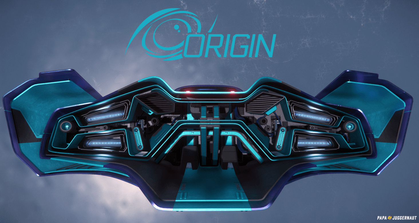 Direct photograph of the rear angle of the Origin Jumpworks 600i. The ship livery is the stunning purple and teal chromaflair coloring of the 2953 Best in Show paint. Above the ship is the Origin logo in a complementary teal color.