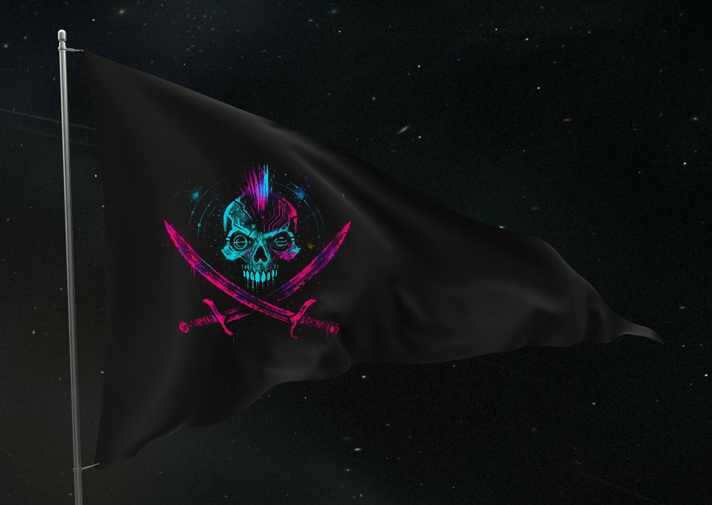 Neon Corsairs, Pirate Week submission. Cyberpunk vibes, digital stars - fighting fierce enhanced scallywags.
