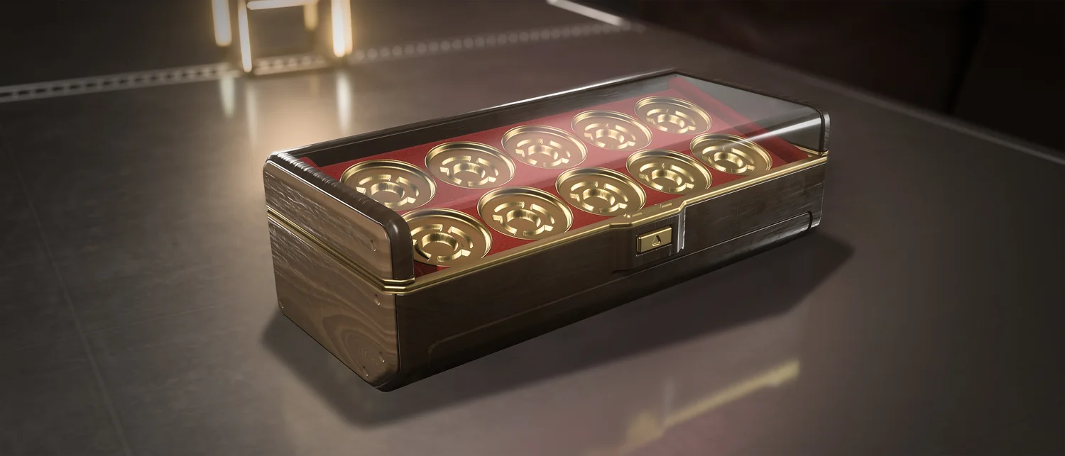 The Coin Display Case with its red interior and glass front