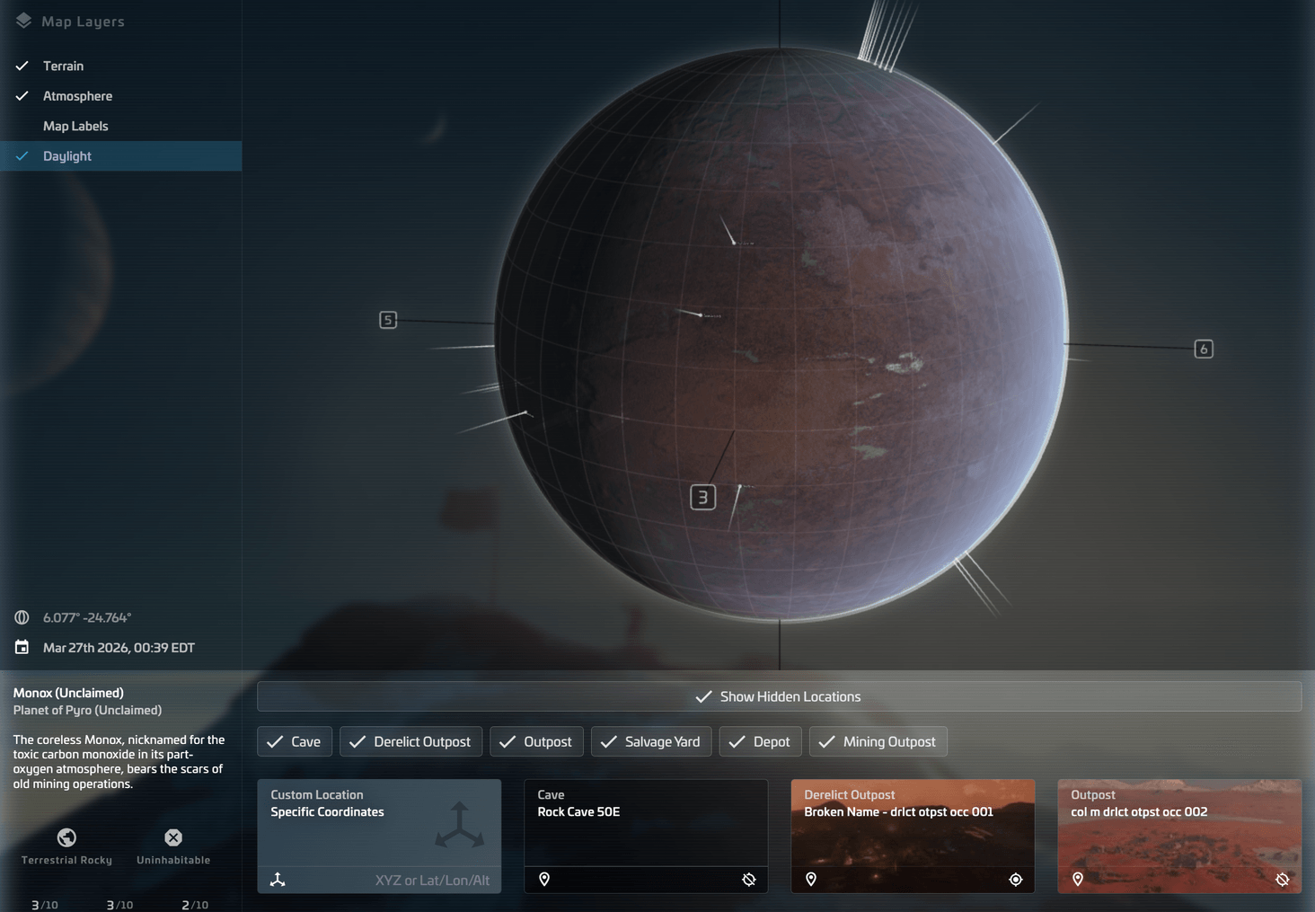 3D planetary maps with automated location filters