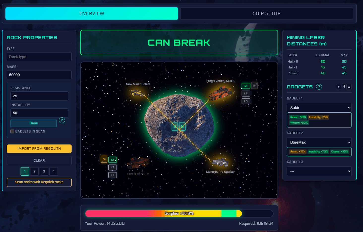 A screenshot of the Rock Breaker Calculator Overview screen showing 4 ship icons mining an asteroid with lasers. 