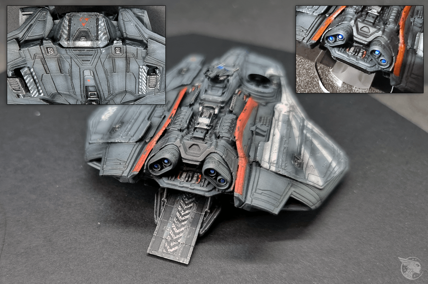 I also added a lighting kit.The main engines light up with fiber optics that are connected to an inductive LED hidden in the main cargo hold. The LED is powered wireless via a copper coil in the base. 