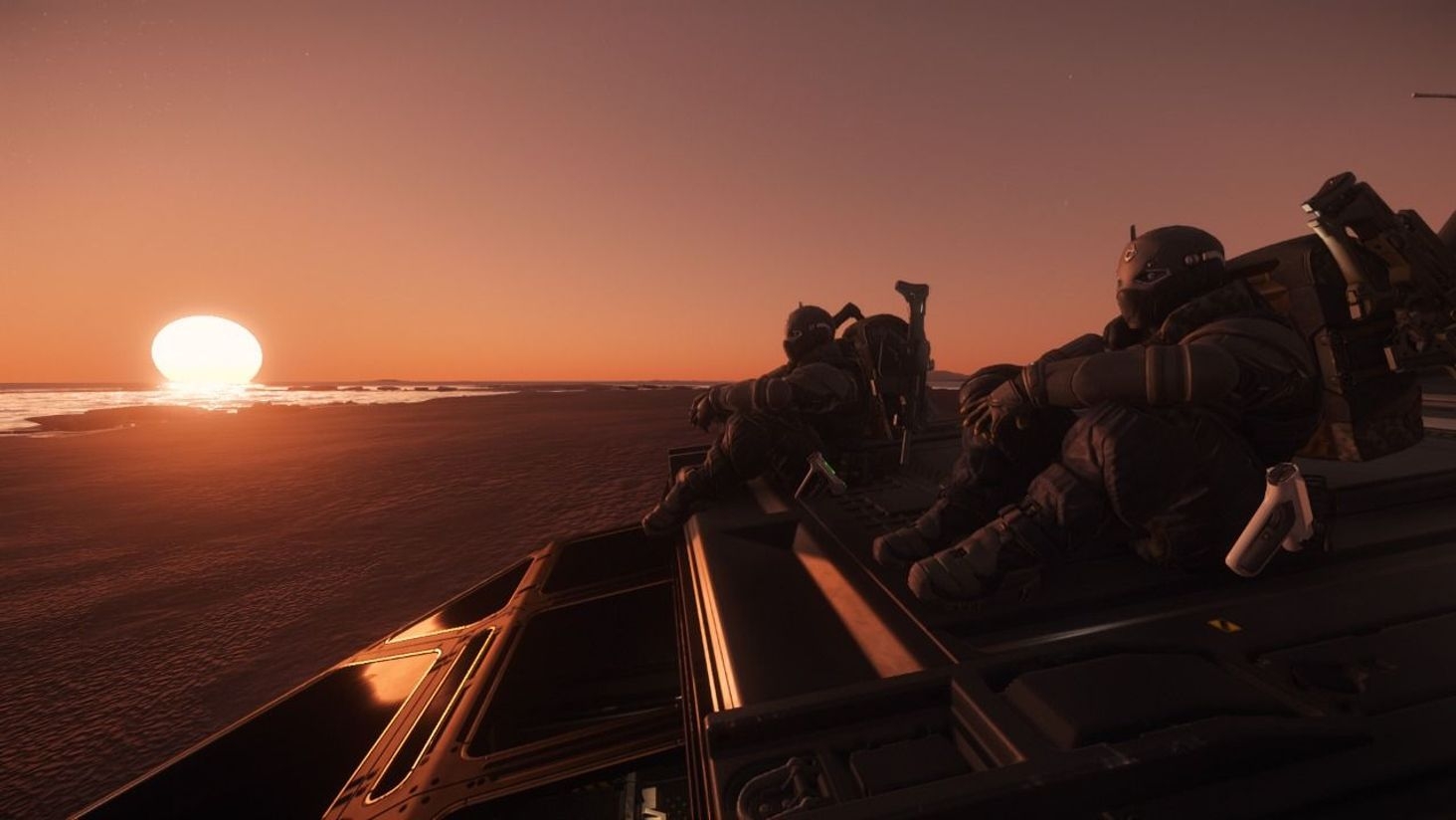 Probably too late for the ship showdown, but my brother and I sitting on the roof of my Corsair looking at the sunset over the Hurston sea.  (Waited a long time for this ship and this shot.)