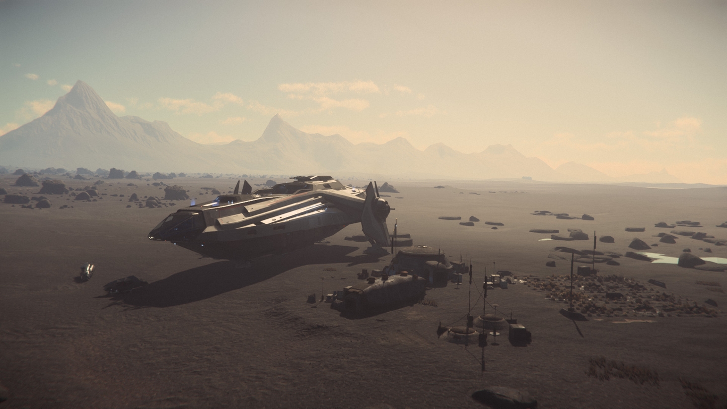 On the salty tidepools of Bloom, with the mountains in the distance, the Carrack-class explorer Quantum Ranger looms over a colonial settlement.