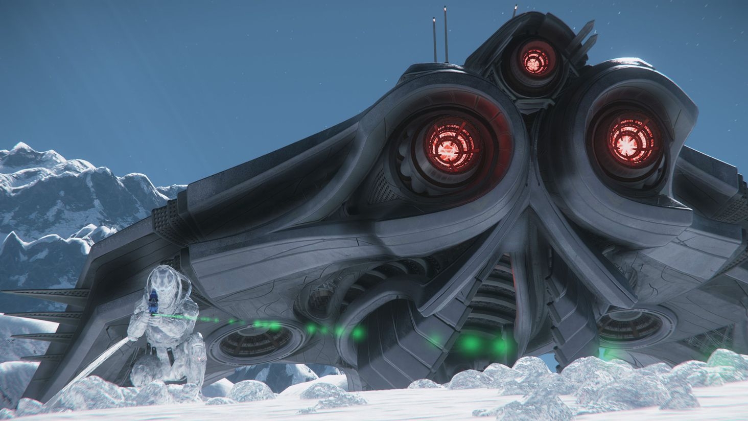 The chilling gaze of First Contact; a Soldier, laser ablaze, as alien blades meet the frozen air.
